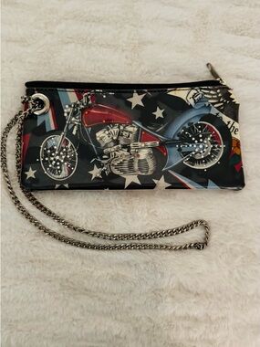 M. Andonia Motorcycle Graphic Chain Wristlet Pouch in Black, Red & Blue